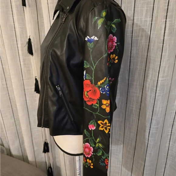 VENUS Black Leather Jacket with Vibrant Floral Design - Picture 3 of 5